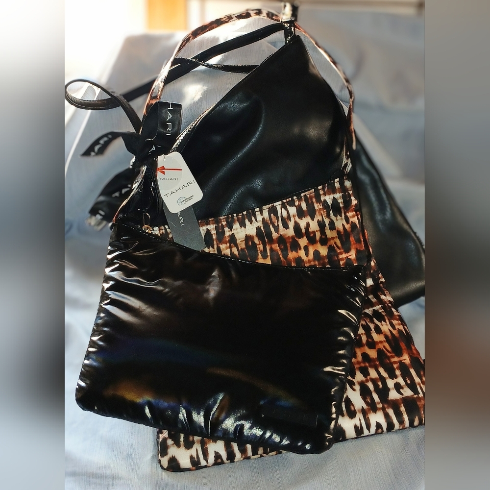 Tahari 3 Piece Set, Leopard Print And 2 Black Purse(s)/Makeup Bag(s). NEW